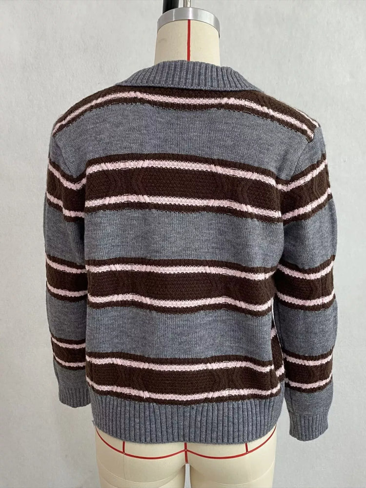 Vintage-Inspired Striped Knit Cardigan with Polo Collar