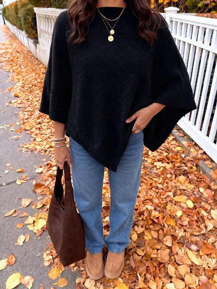 Brushed Loose Shawl Round-Neck Cape Sweater with Bat Sleeves