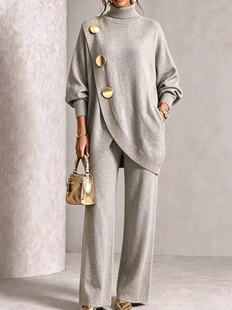 Full Size Elegant Turtleneck Asymmetric Button-Decorated Sweater and Pants Set Plus Size