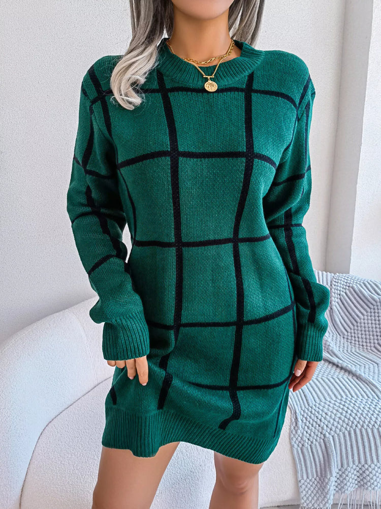 Plaid Pattern Long Sleeve Sweater Dress