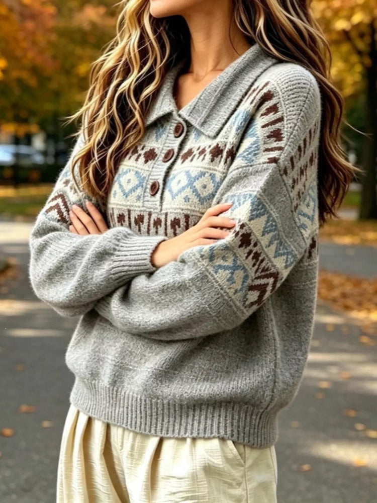 Full Size Vintage Fair Isle Pattern Polo Collar Sweater Plus Size