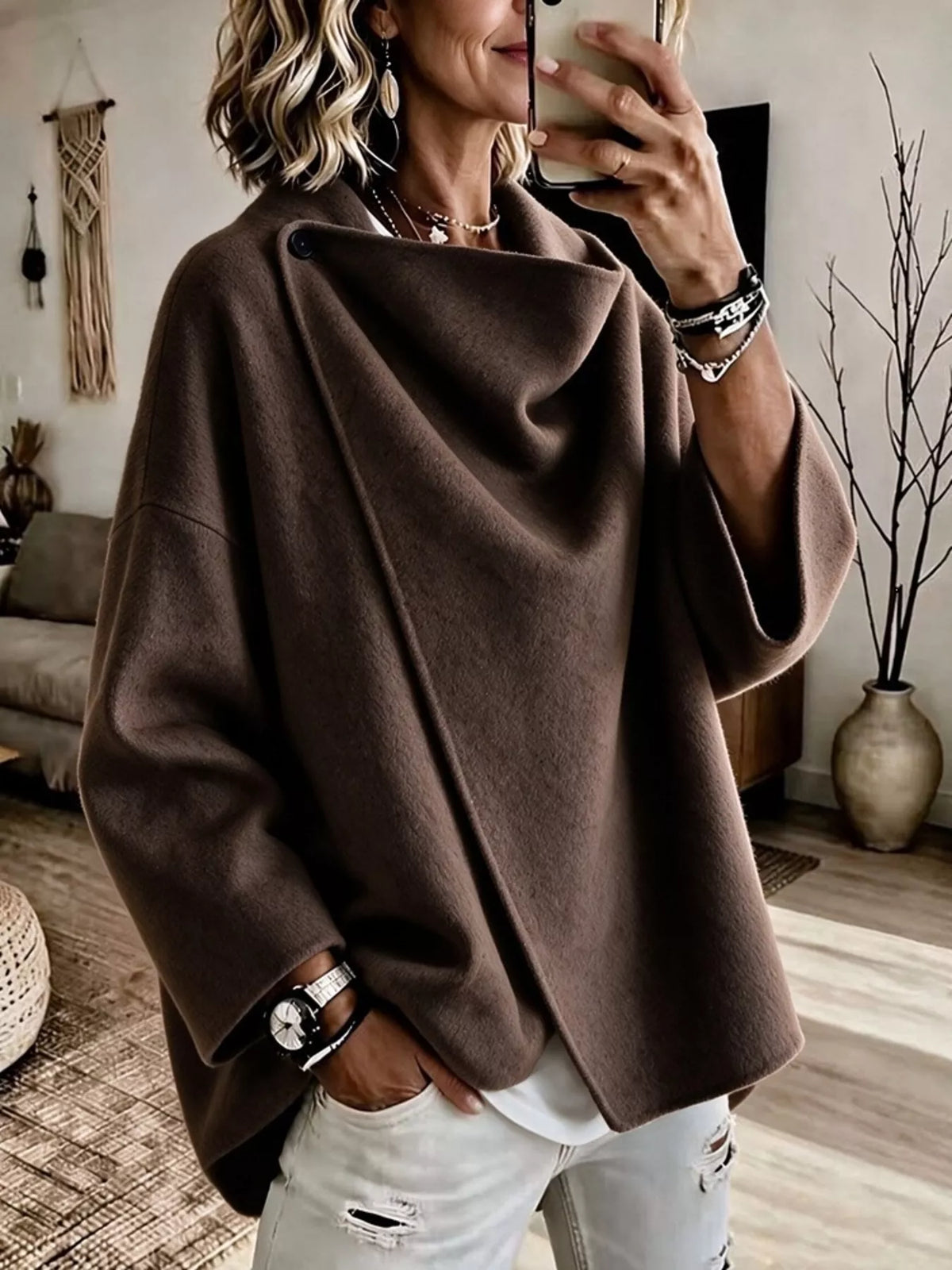 Full Size Asymmetric Cowl Neck Cape Plus Size
