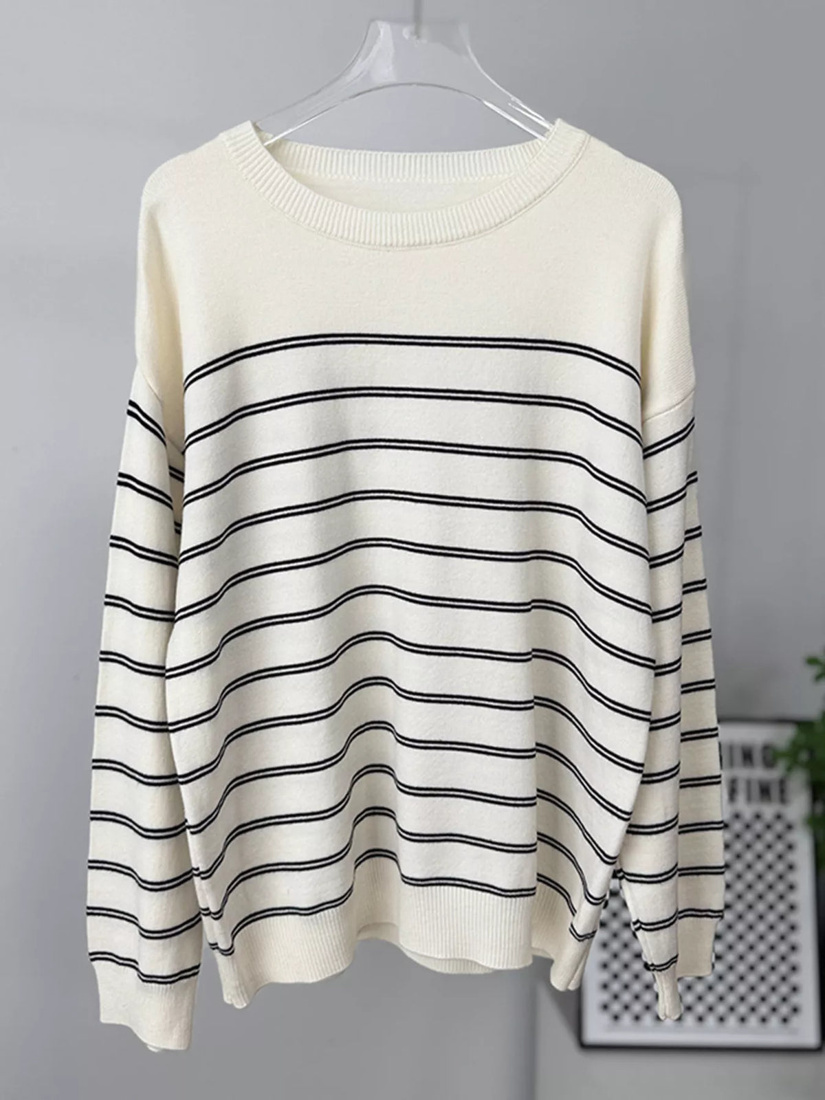 Classic Striped Crewneck Knit Top with Layered Sweater Detail