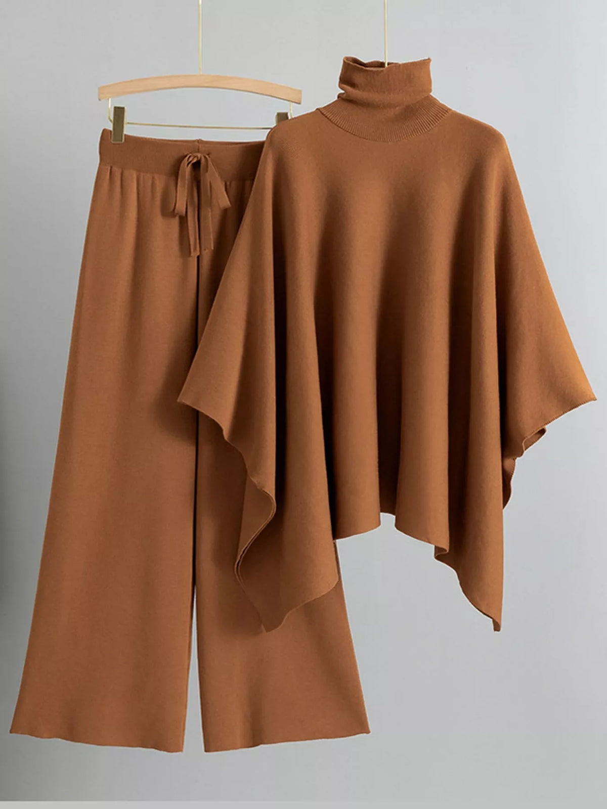 Elegant Turtleneck Poncho Sweater and Wide-Leg Knit Pants Set