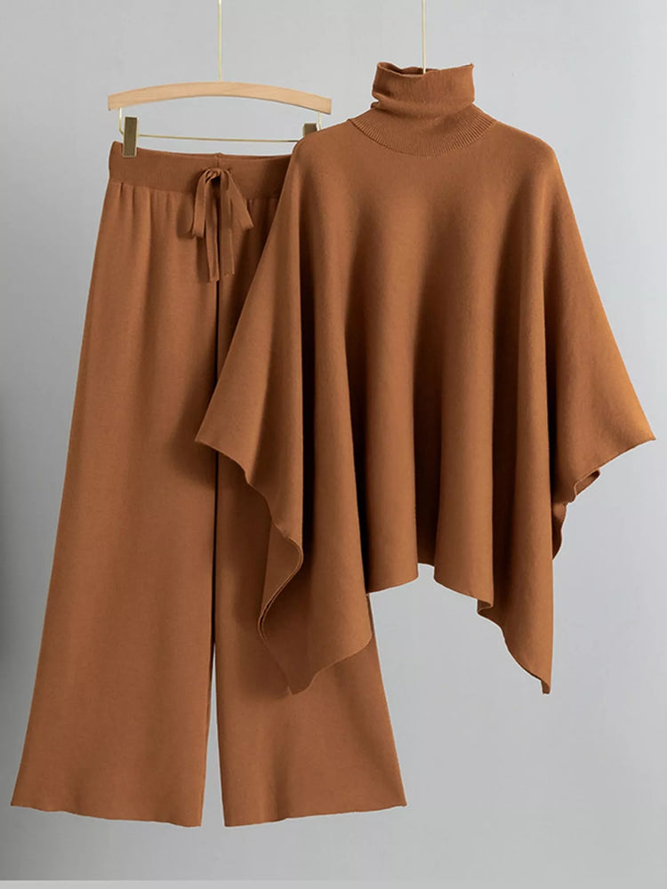 Elegant Turtleneck Poncho Sweater and Wide-Leg Knit Pants Set
