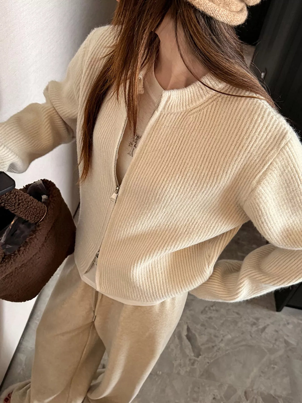Zip Up Dropped Shoulder Cardigan