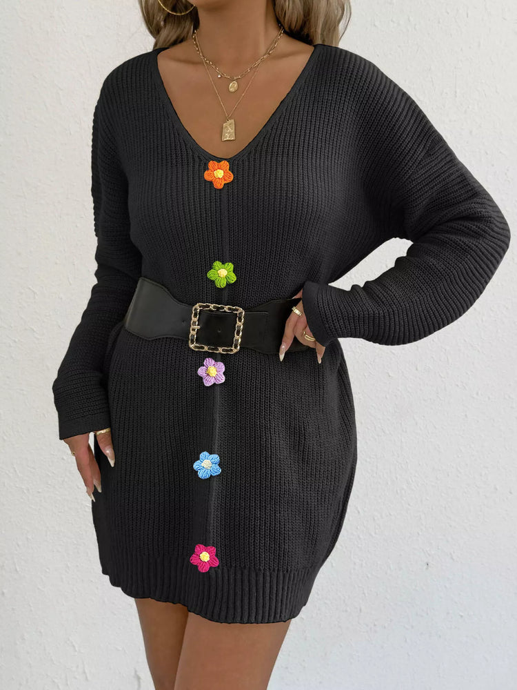 V-Neck Ribbed Sweater Dress with Floral Appliques