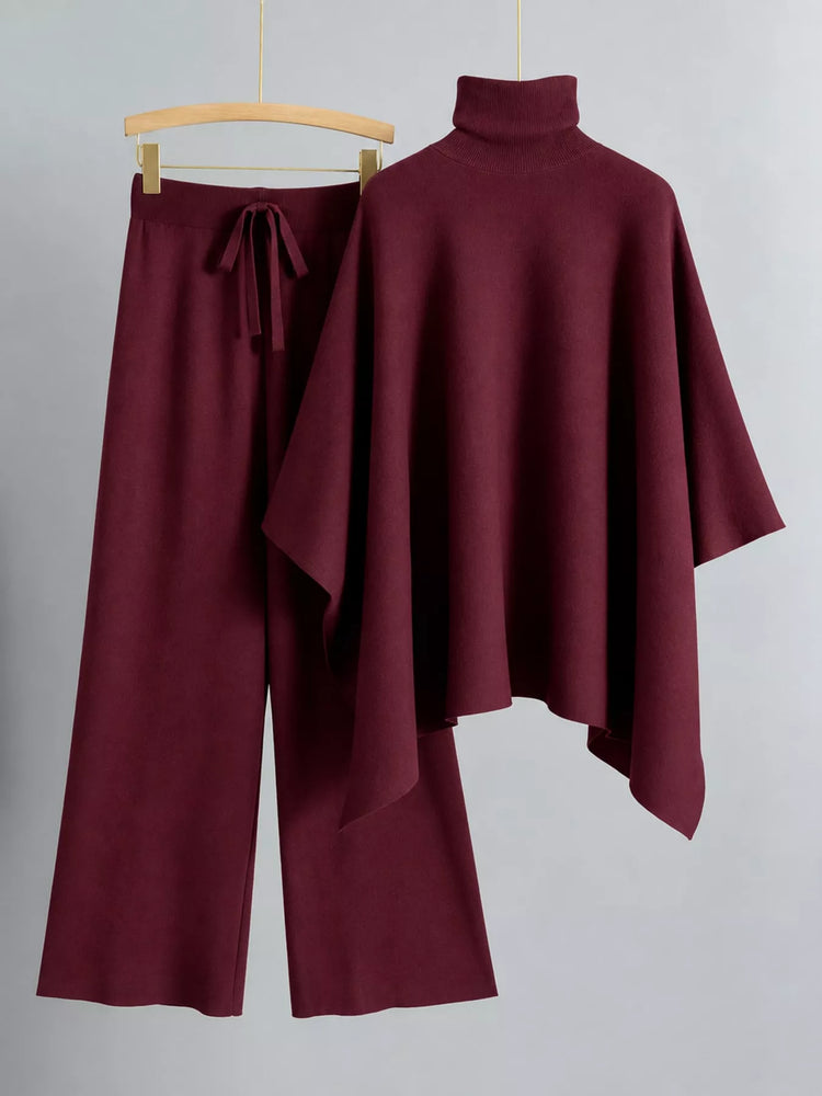 Elegant Turtleneck Poncho Sweater and Wide-Leg Knit Pants Set