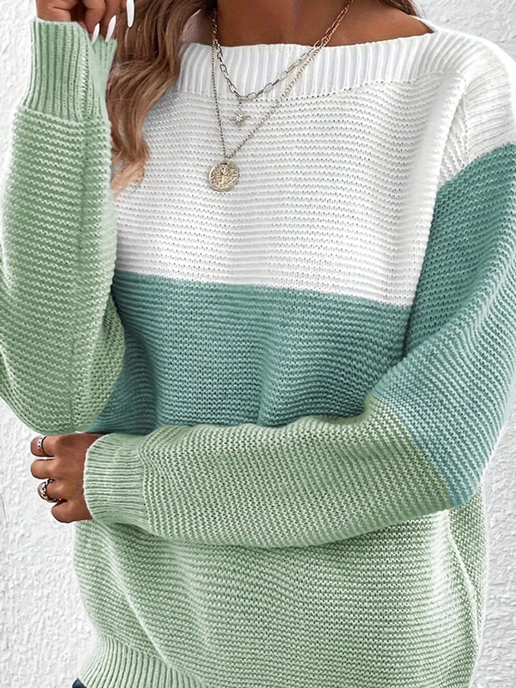 Full Size Color-Block Boat Neck Sweater Plus Size