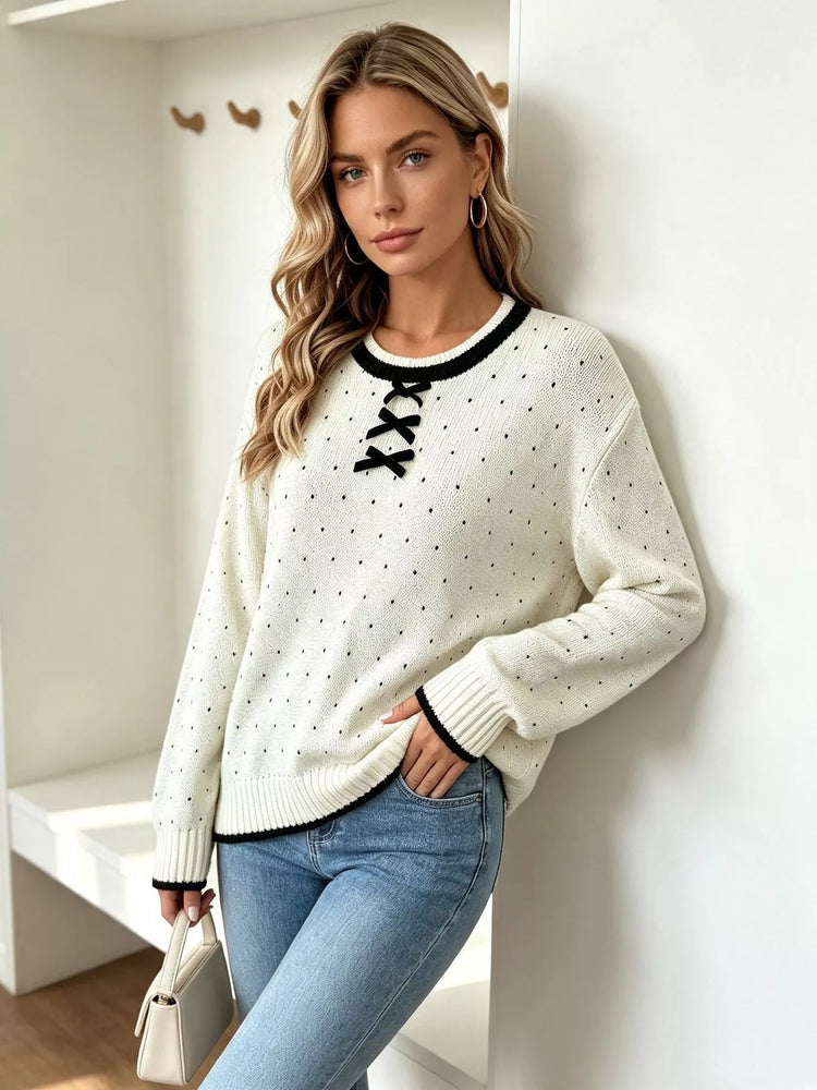 Polka Dot Lace-Up Detail Sweater