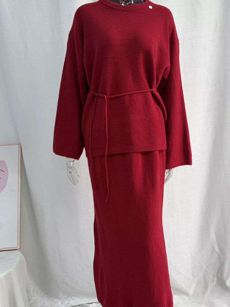 Waist-Tie Detail Sweater and Maxi Skirt Set