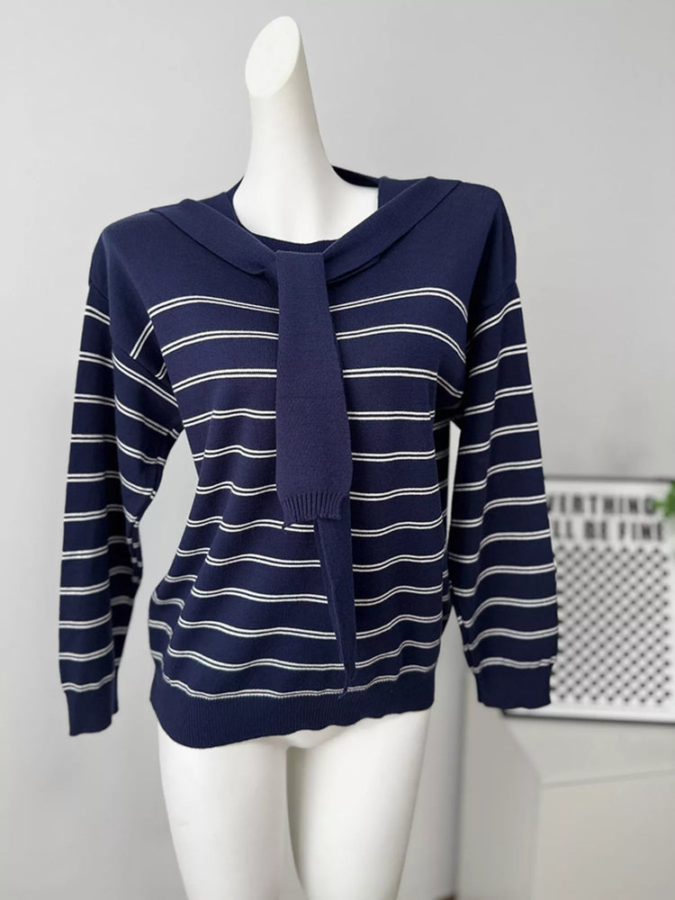 Classic Striped Crewneck Knit Top with Layered Sweater Detail