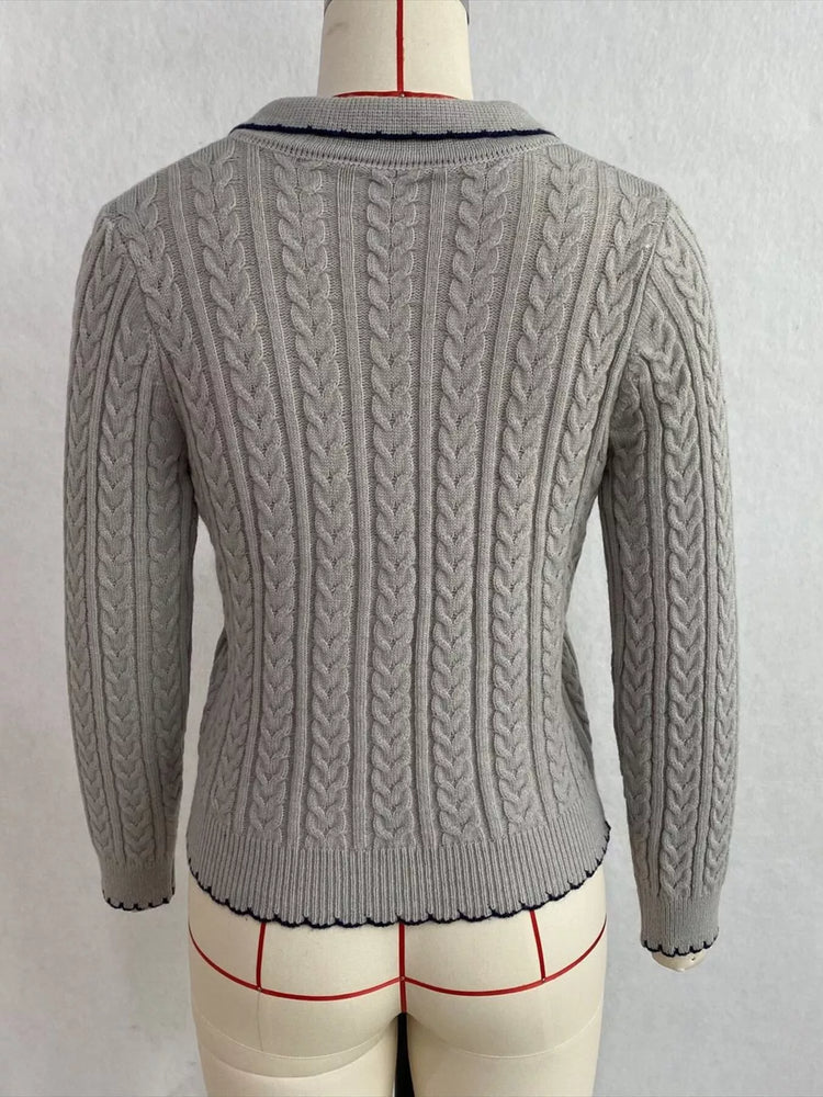 Cable Knit Polo Collar Button-Up Cardigan