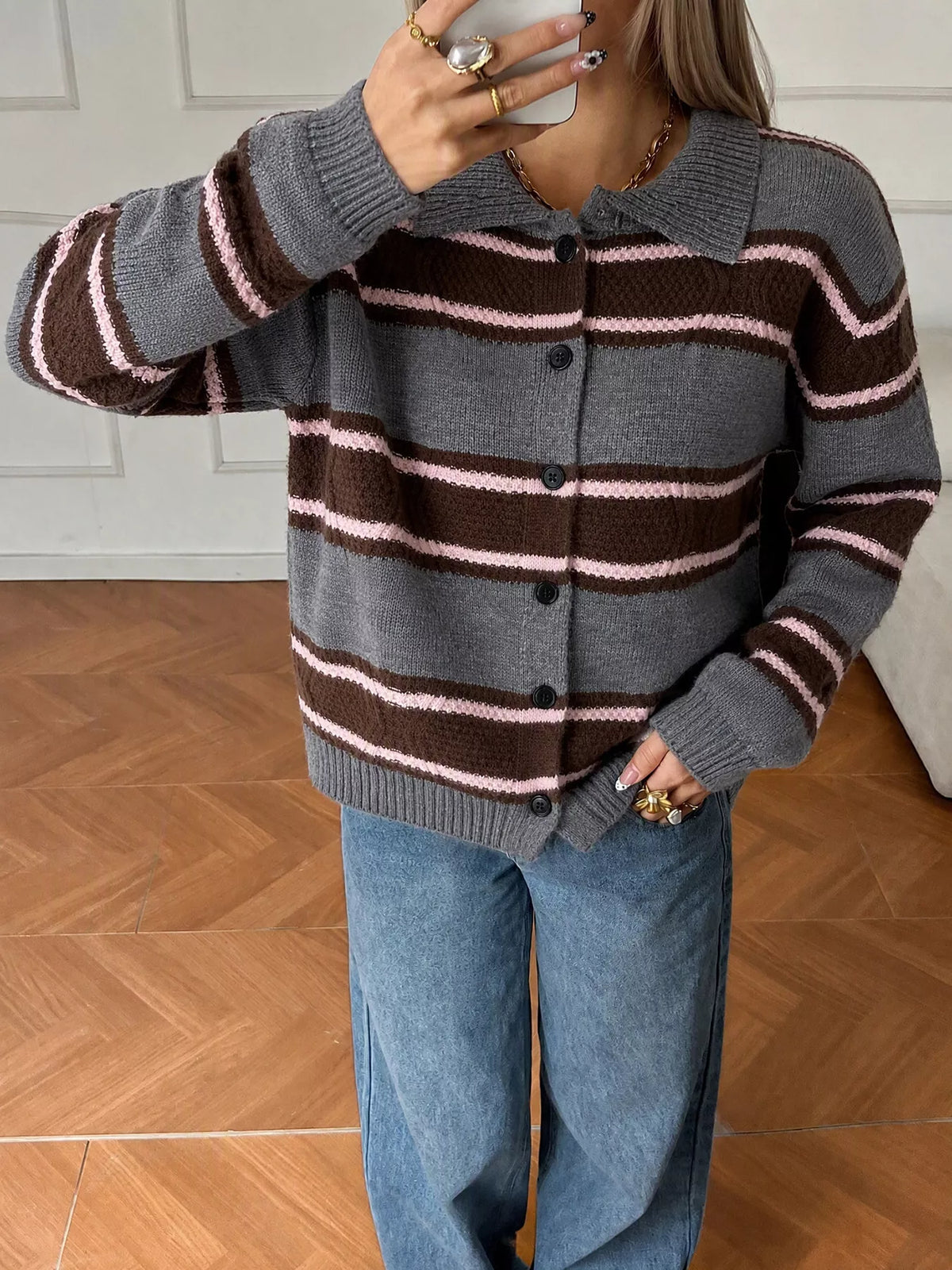 Vintage-Inspired Striped Knit Cardigan with Polo Collar