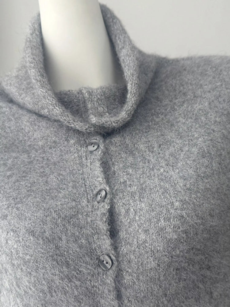 Mock Neck Button-Down Fuzzy Knit Cardigan