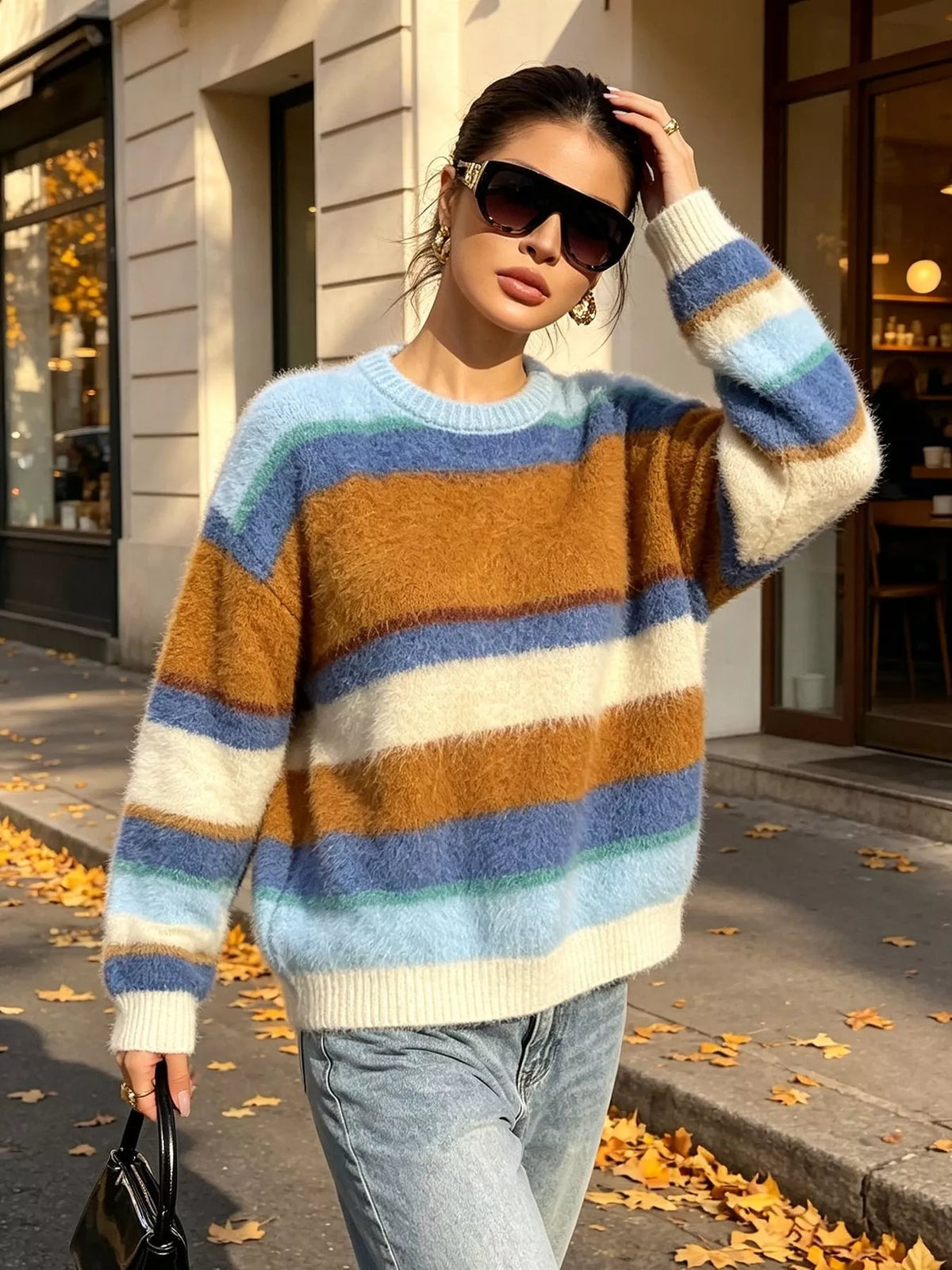 Fuzzy Striped Crew Neck Sweater