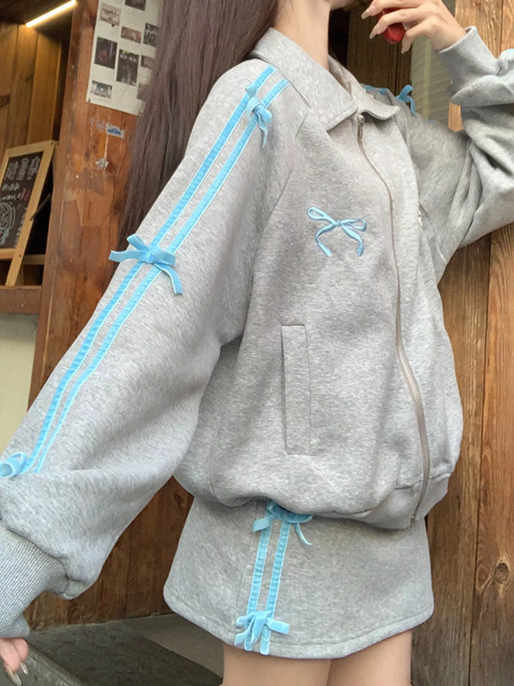 Bow Embroidered Zip-Up Sweatshirt