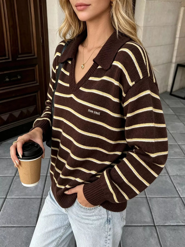 Vintage Striped Polo Collar Sweater