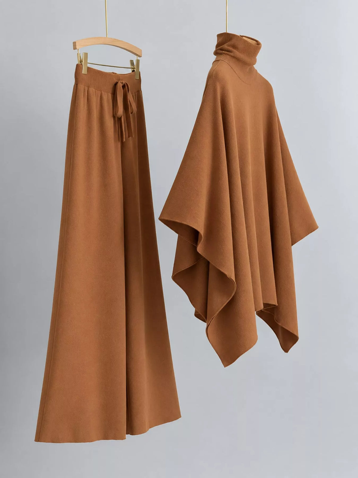 Elegant Turtleneck Poncho Sweater and Wide-Leg Knit Pants Set