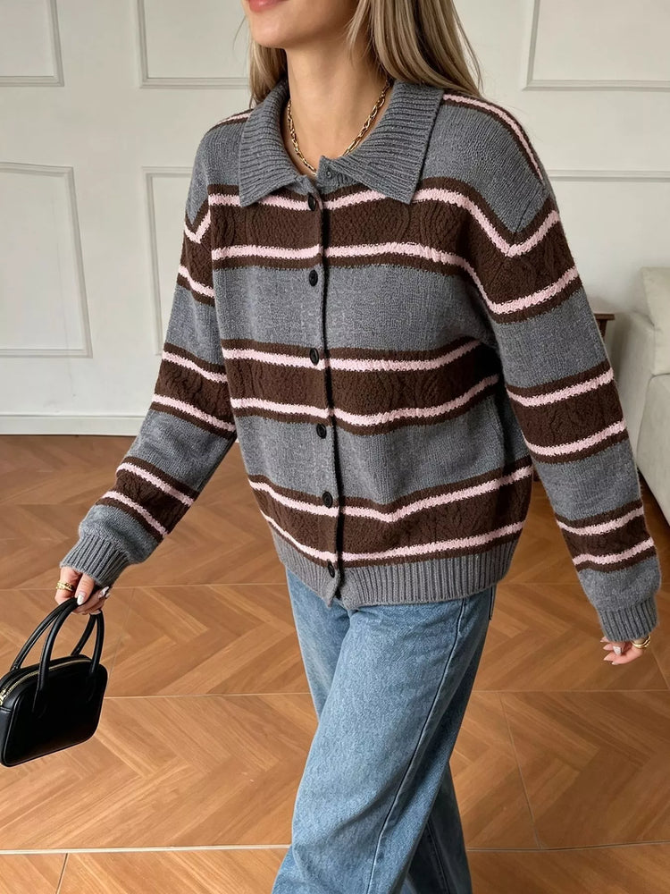 Vintage-Inspired Striped Knit Cardigan with Polo Collar