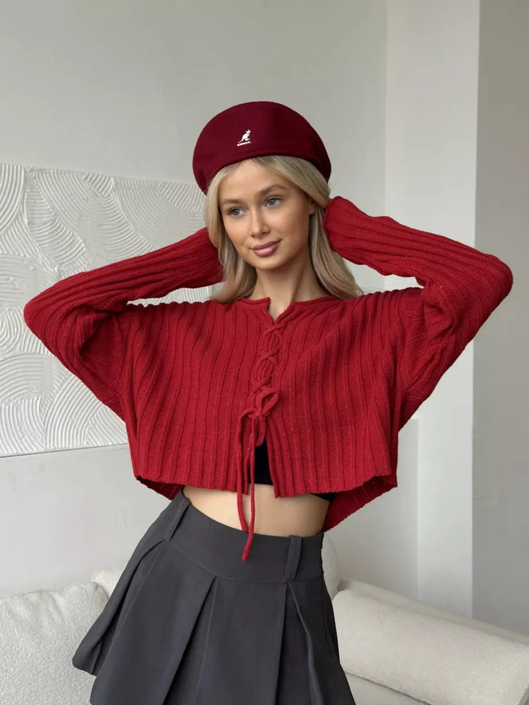 Ribbed Lace-Up Crop Sweater