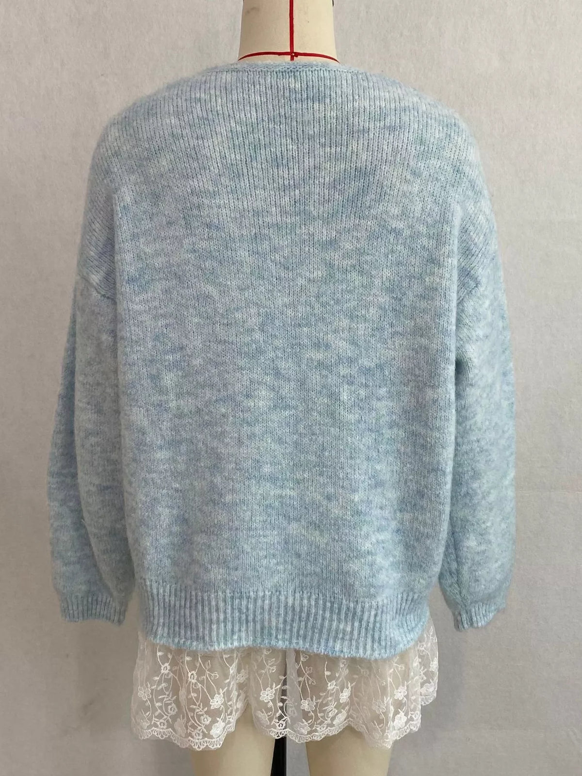V-Neck Floral Applique Lace Hem Sweater