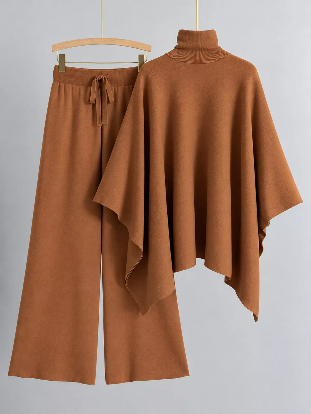 Elegant Turtleneck Poncho Sweater and Wide-Leg Knit Pants Set