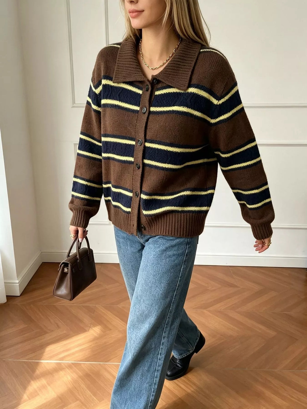 Vintage-Inspired Striped Knit Cardigan with Polo Collar