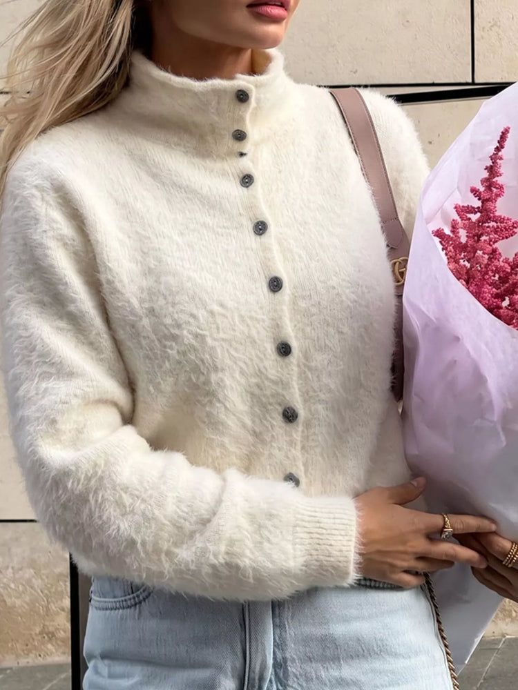 Mock Neck Button-Down Fuzzy Knit Cardigan