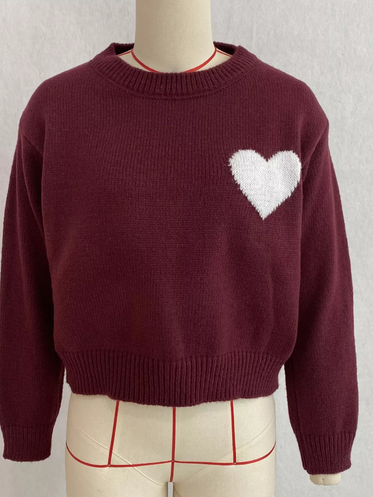 Heart Pattern Round Neck Sweater