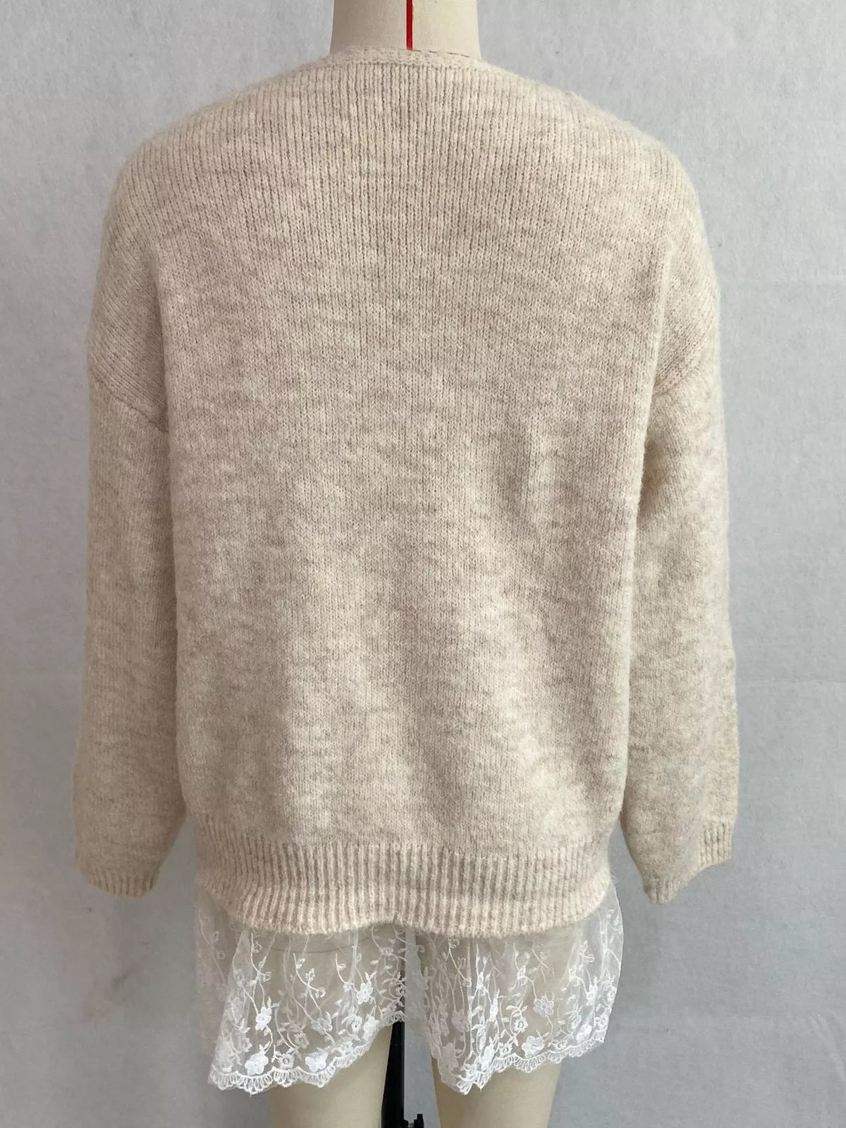 V-Neck Floral Applique Lace Hem Sweater