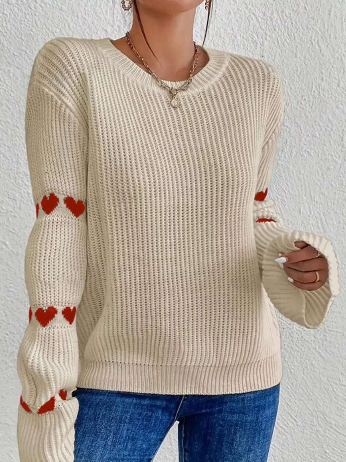 Heart Pattern Dropped Shoulder Sweater