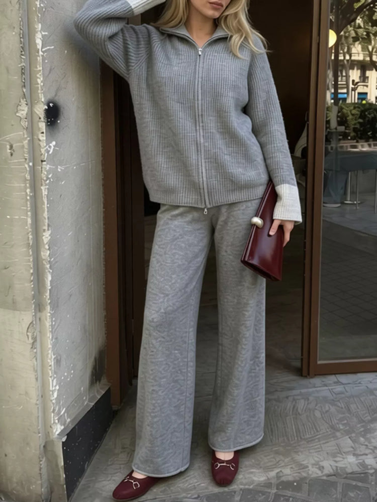 Zip-Up Contrast Cuff Cardigan and Pants Sweater Set