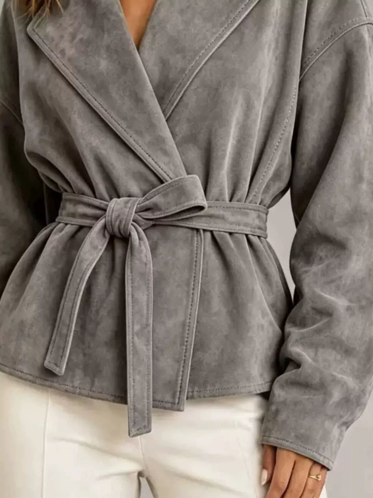 Tie-Waist Lapel Collar Jacket