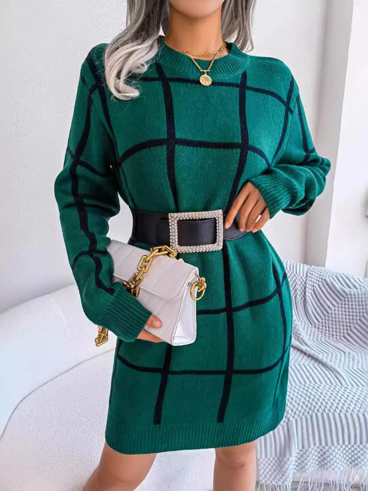 Plaid Pattern Long Sleeve Sweater Dress