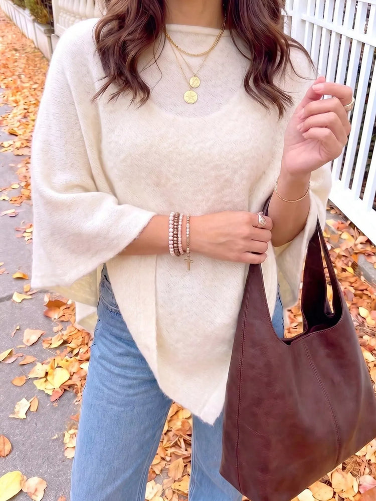 Brushed Loose Shawl Round-Neck Cape Sweater with Bat Sleeves