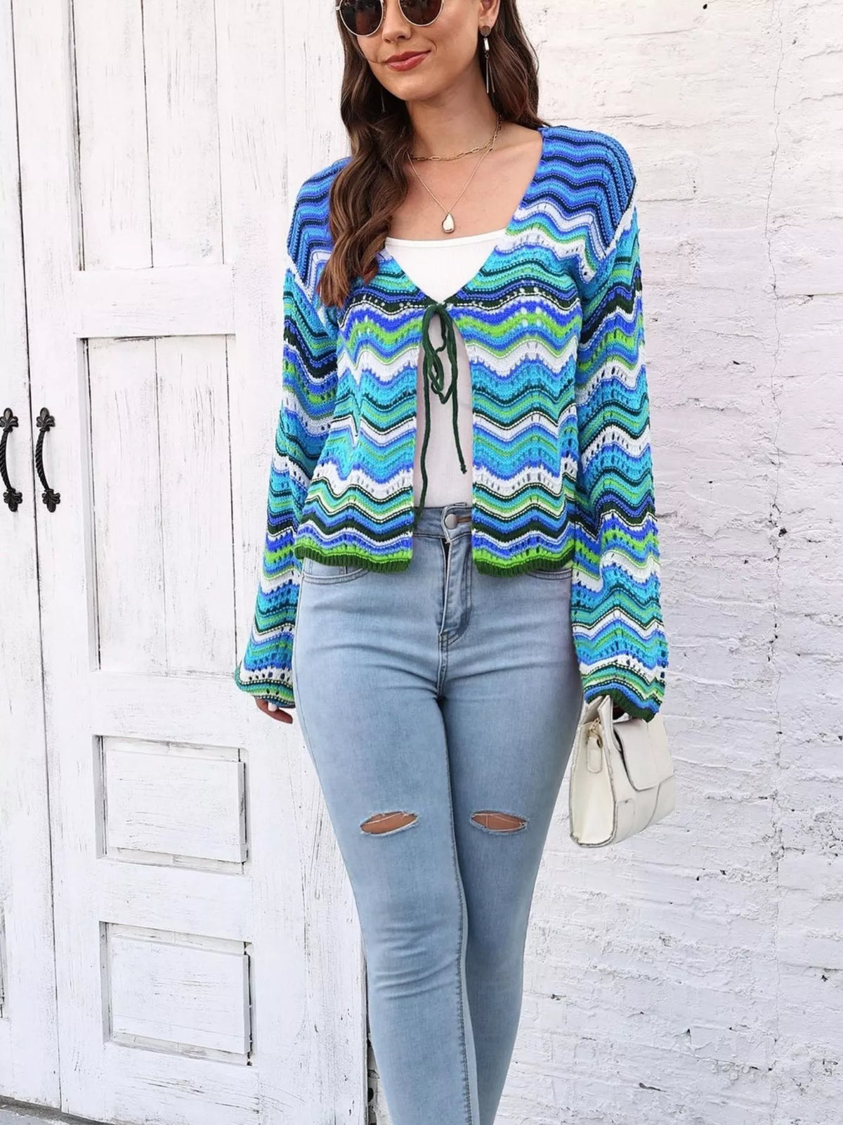 Vibrant Chevron Striped Tie-Front Knit Cardigan