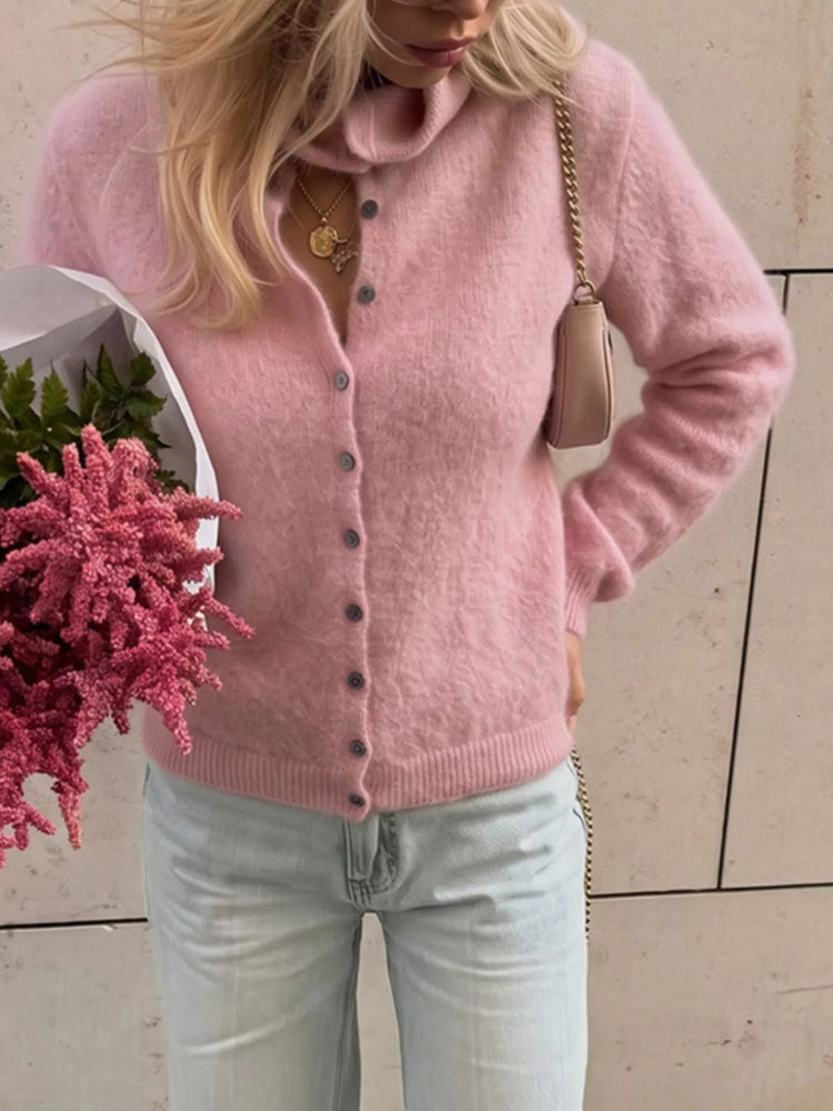 Mock Neck Button-Down Fuzzy Knit Cardigan