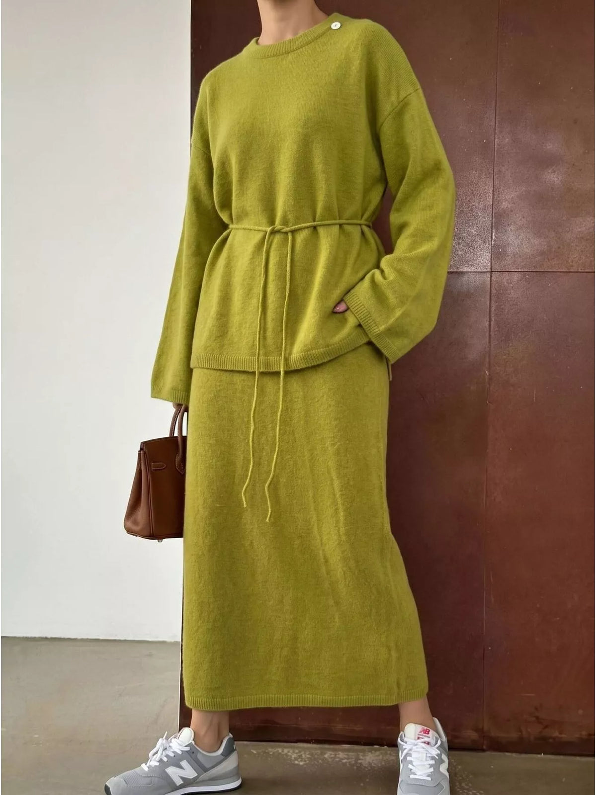 Waist-Tie Detail Sweater and Maxi Skirt Set