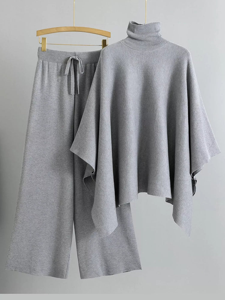 Elegant Turtleneck Poncho Sweater and Wide-Leg Knit Pants Set