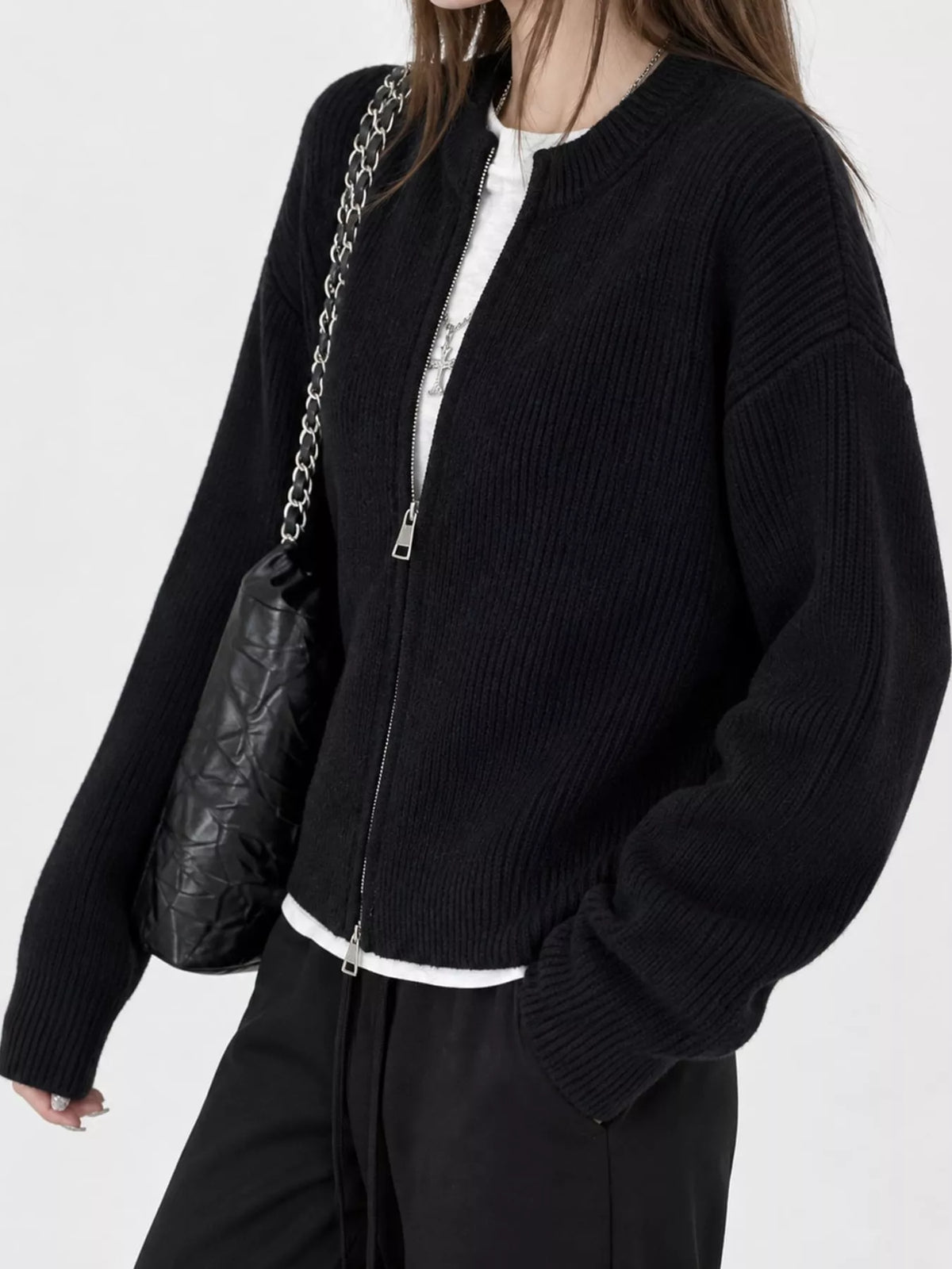 Zip Up Dropped Shoulder Cardigan
