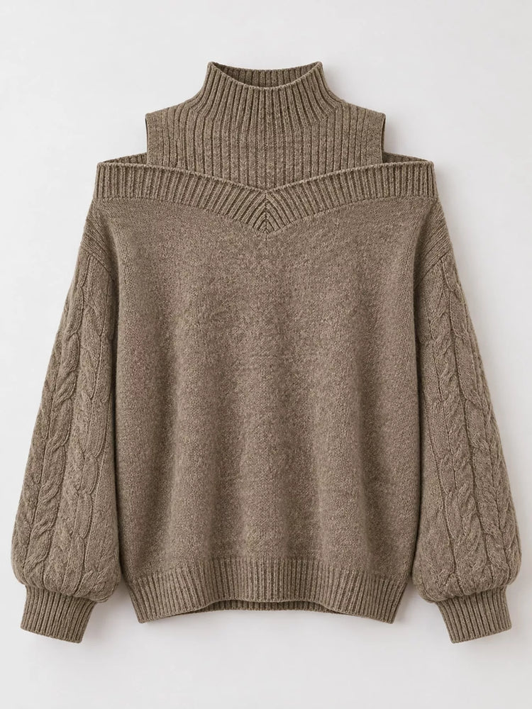 Full Size Cold Shoulder Mock Neck Cable Knit Sweater Plus Size