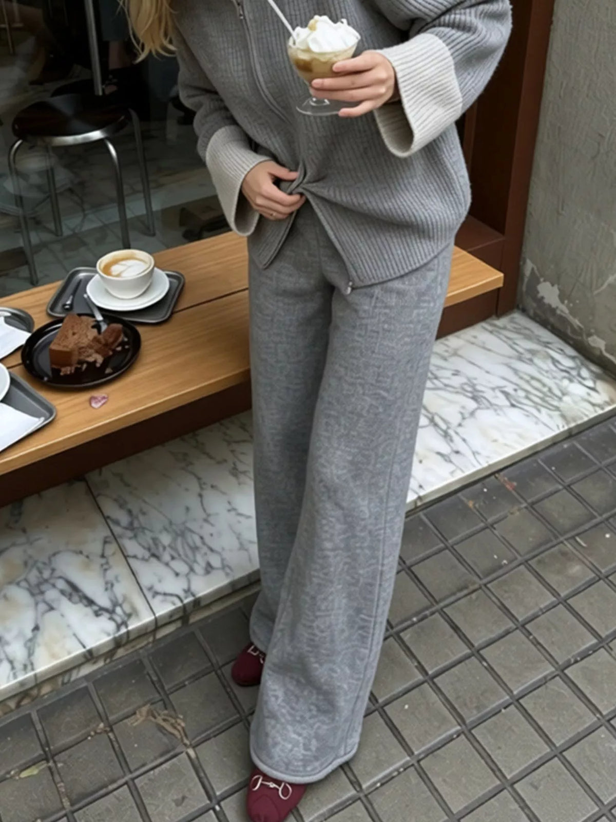 Zip-Up Contrast Cuff Cardigan and Pants Sweater Set