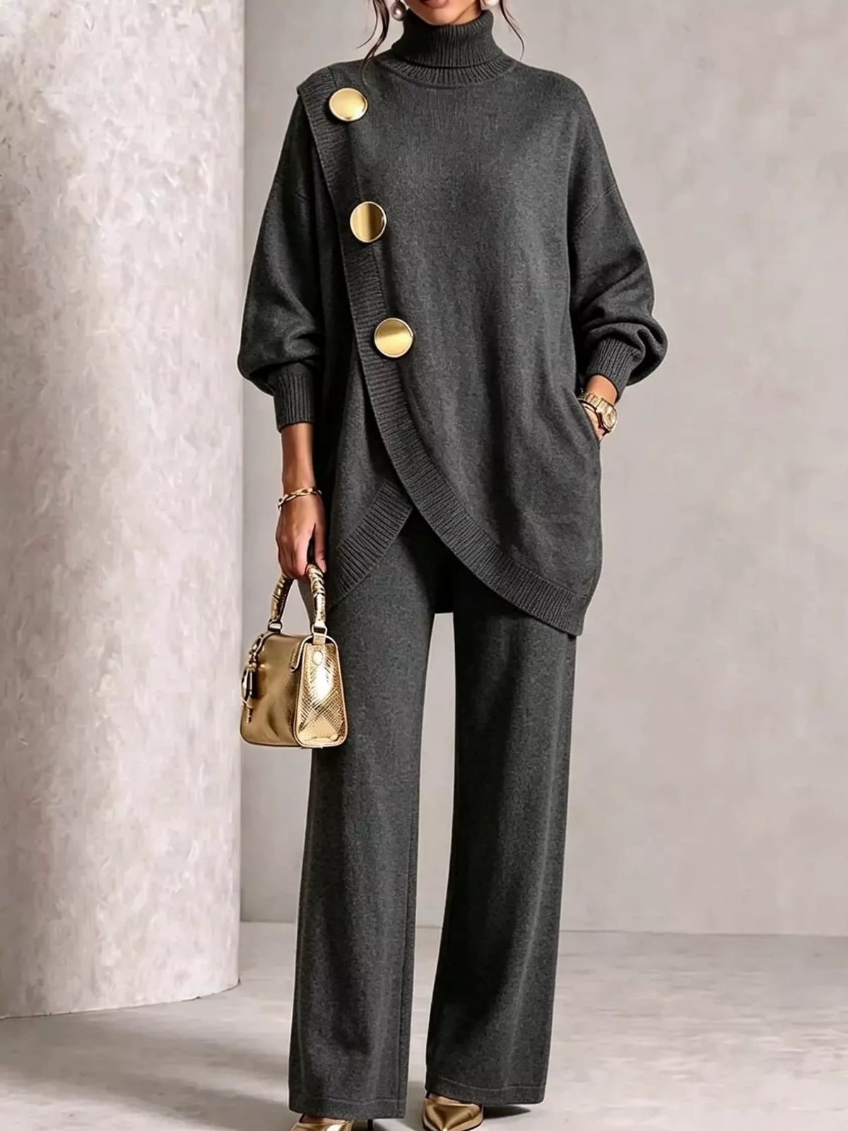 Full Size Elegant Turtleneck Asymmetric Button-Decorated Sweater and Pants Set Plus Size