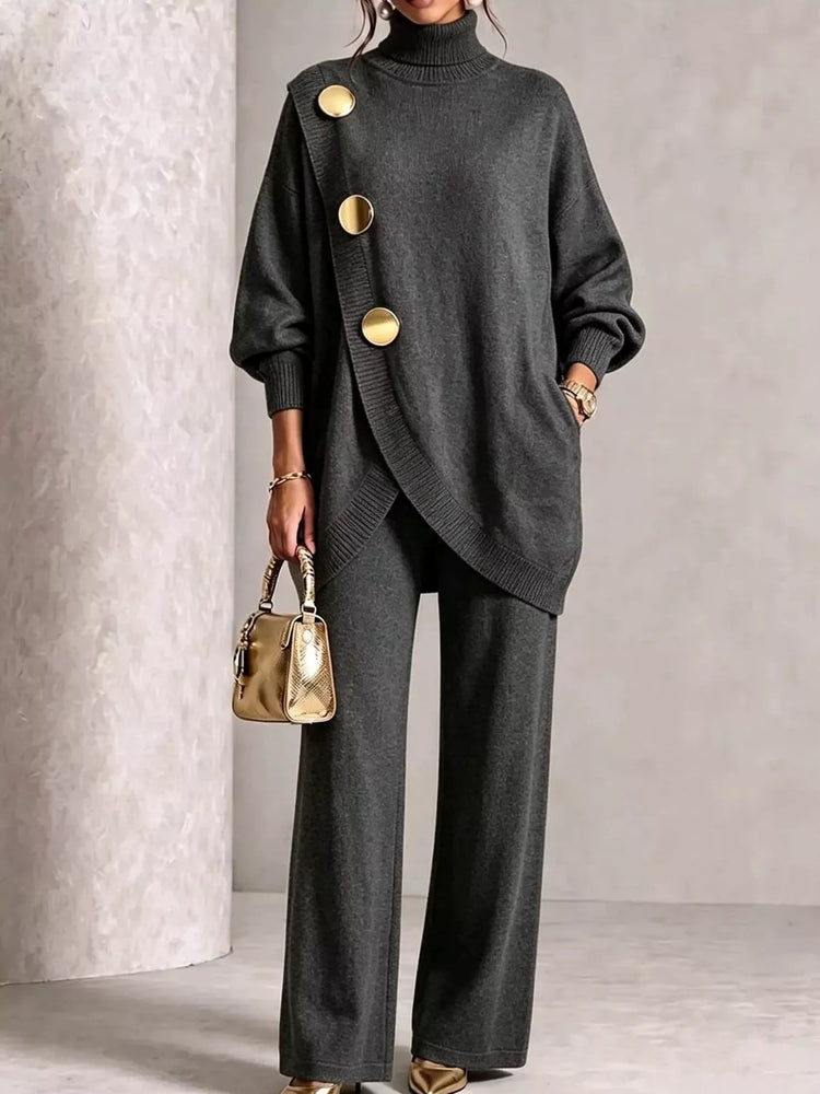 Full Size Elegant Turtleneck Asymmetric Button-Decorated Sweater and Pants Set Plus Size