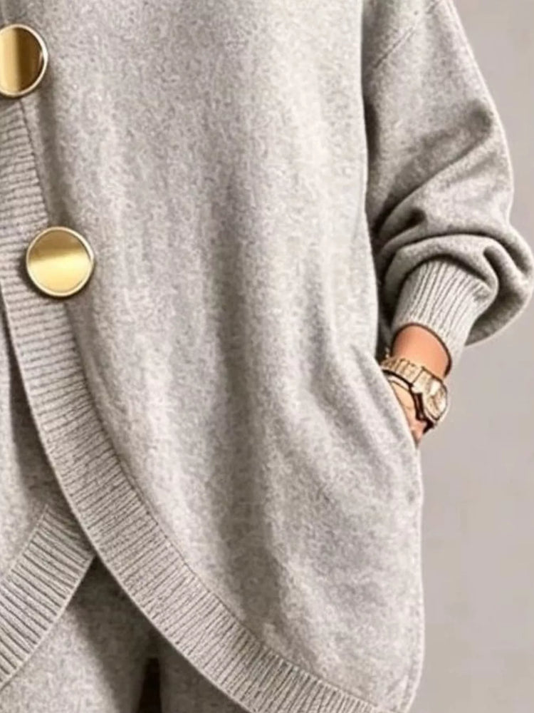 Full Size Elegant Turtleneck Asymmetric Button-Decorated Sweater and Pants Set Plus Size