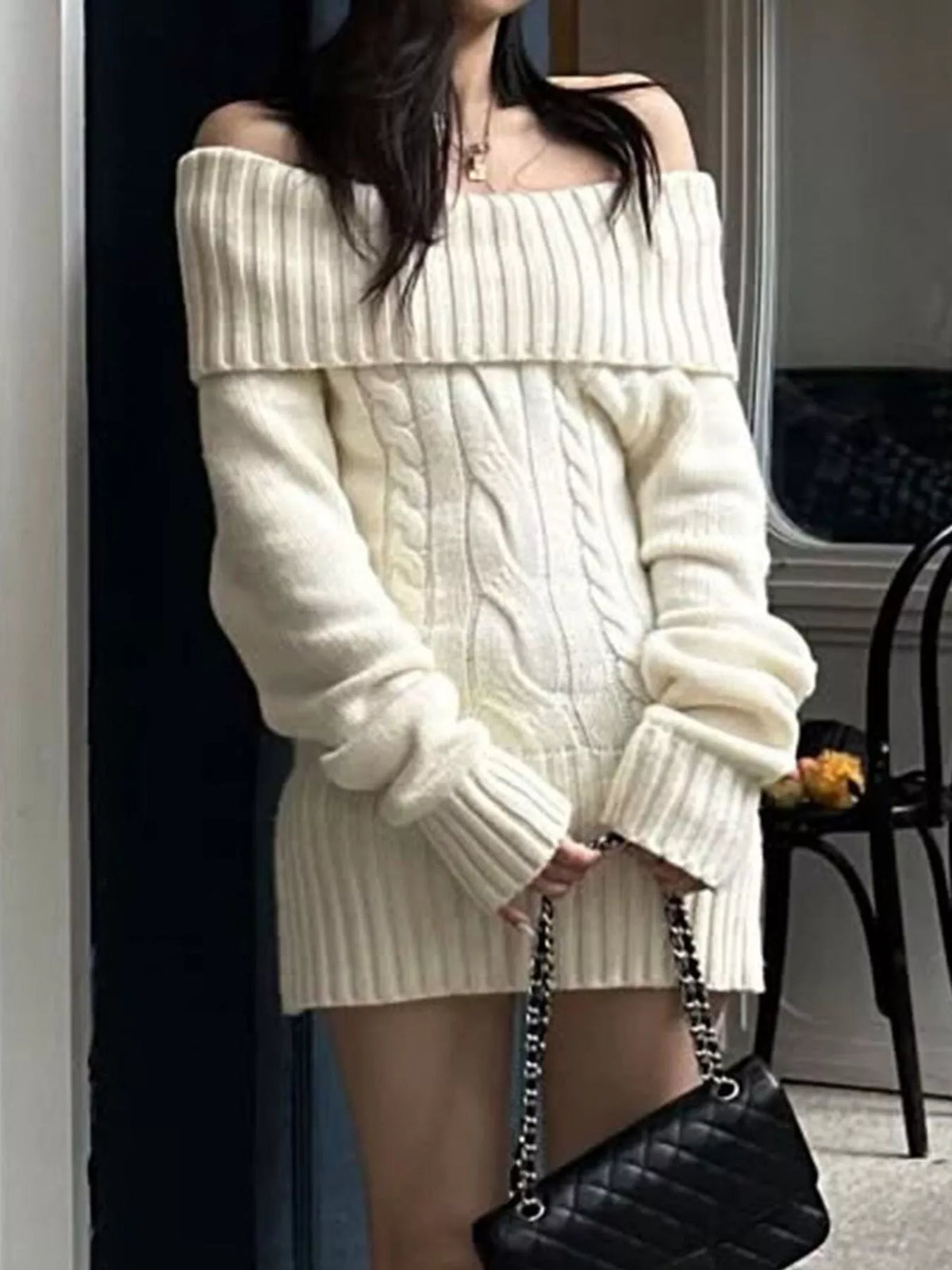 Off-Shoulder Cable Knit Sweater Dress