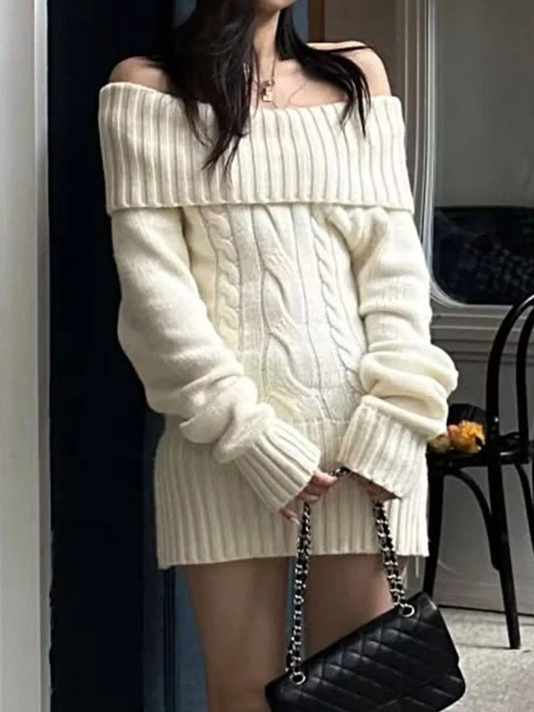 Off-Shoulder Cable Knit Sweater Dress