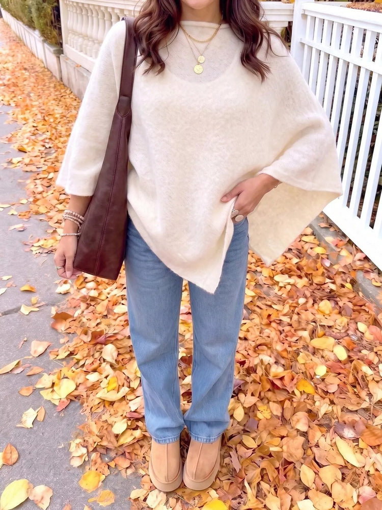 Brushed Loose Shawl Round-Neck Cape Sweater with Bat Sleeves