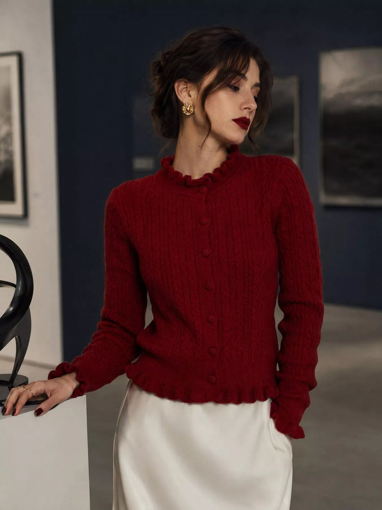 Cable-Knit Ruffle-Trim Cardigan